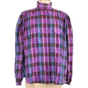 100% Silk Plaid High Neck Button Front Shirt 3X